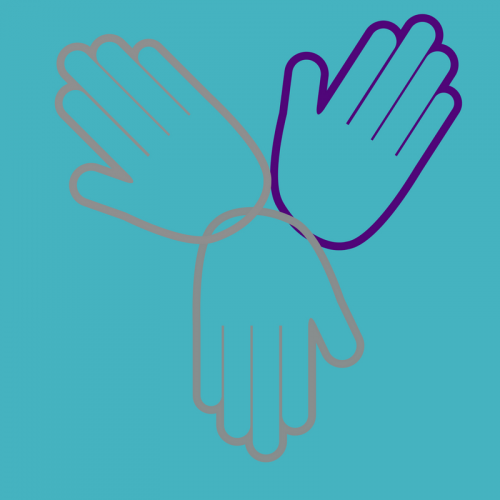 Three hands. One outlined in purple. Two outlined in gray.