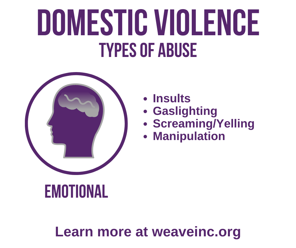 Emotional abuse is one of the six types of domestic violence. Emotional abuse can include insults, screaming/yelling, gaslighting, and other forms of manipulation. Emotional abuse erodes the victim’s self-esteem and works to isolate them from family and friends. To learn more about the types of domestic violence, go to weaveinc.org. #Act4WEAVE #Acts4WEAVE #WhenEveryoneActsViolenceEnds 