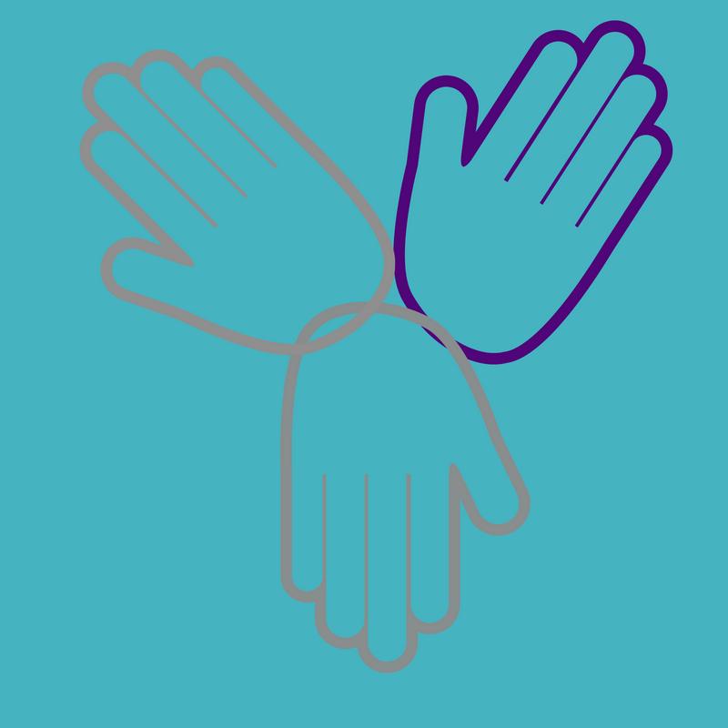 Three hands. One outlined in purple. Two outlined in gray.