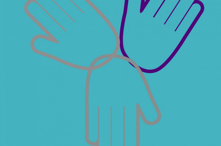 Three hands. One outlined in purple. Two outlined in gray.